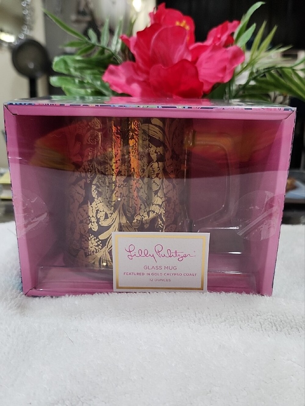 Lilly Pulitzer Glass Mug in the "Gold Calypso Coast" Pattern